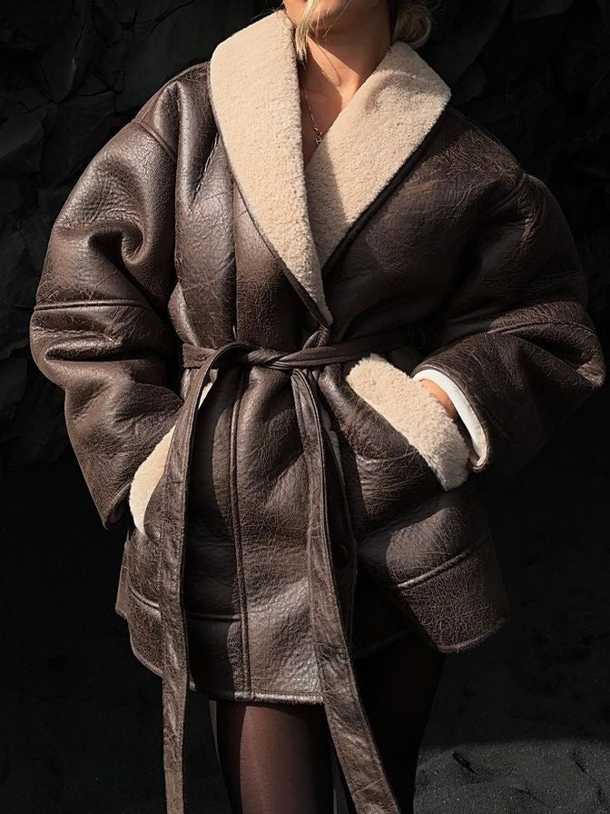 Women Autumn and Winter Cashmere Leather Fur Collar Composite Belt Jacket 4