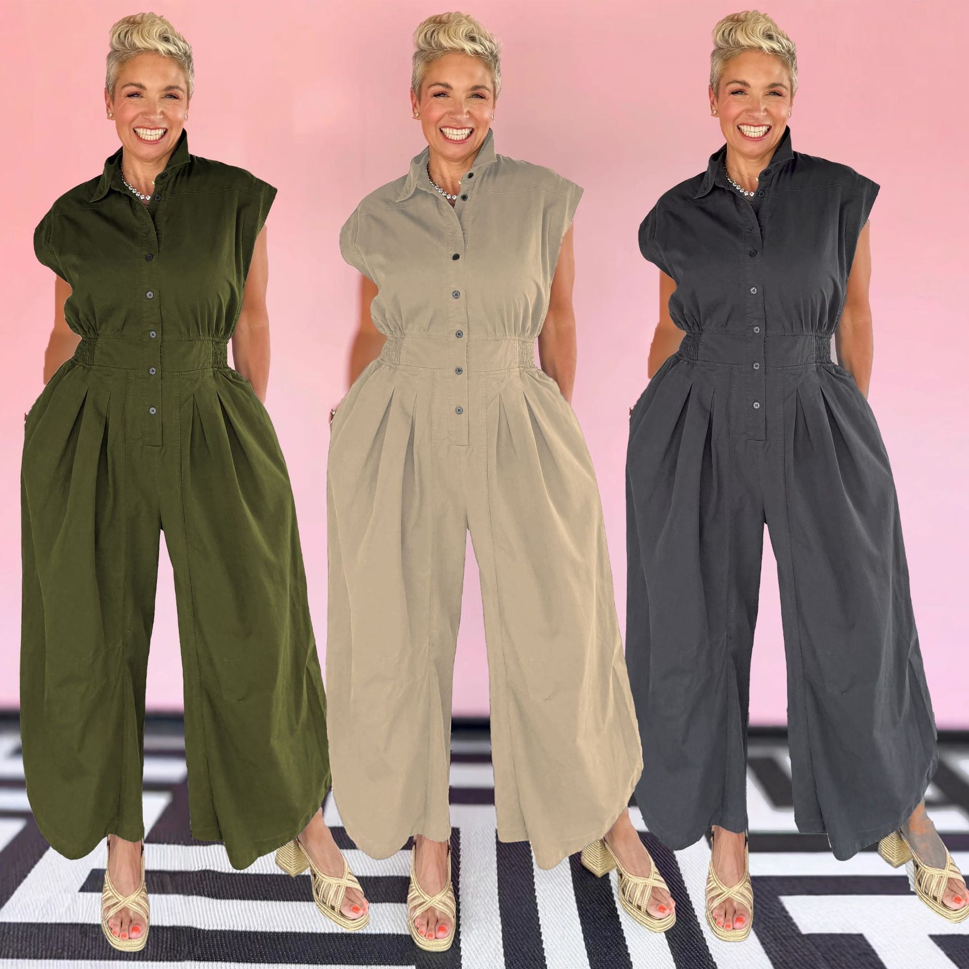 Casual Career Turn-Down Collar Sleeveless Button-Down Cargo Pocket Jumpsuit 6