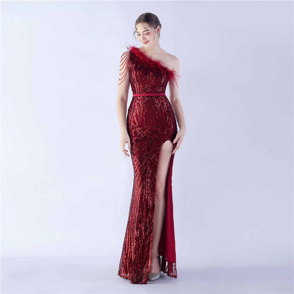 Women Elegant Beaded Ostrich Feather Slash Shoulder One Shoulder Formal Party Evening Dress 6