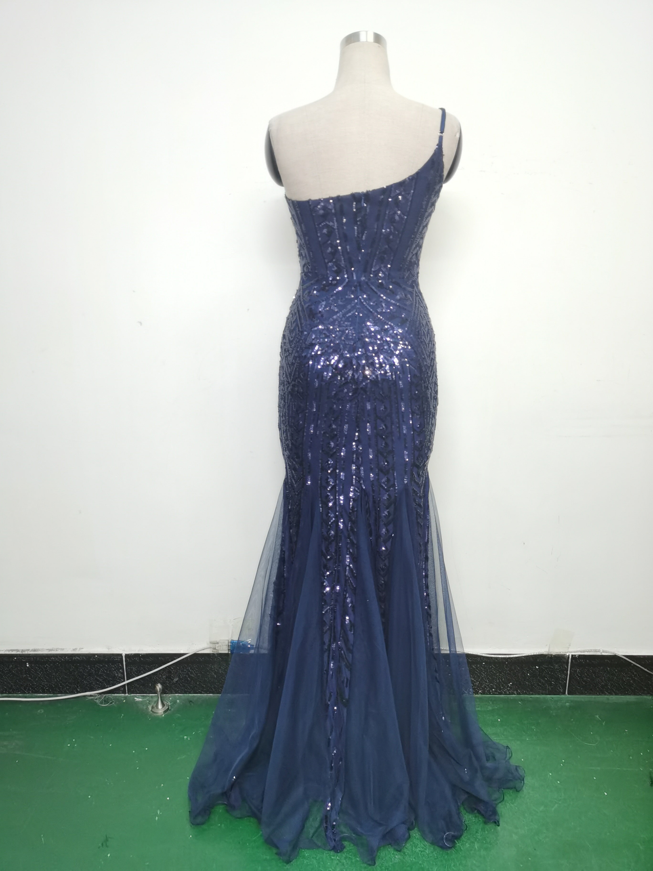 Sexy One Shoulder Sequins Mesh Patchwork Evening Dress 75