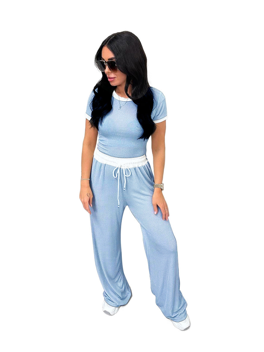 Spring Summer Style Round Neck Contrast Color Short Sleeve Top Women's Fashion Casual Wide Leg Pants Sports Two Piece Set 7
