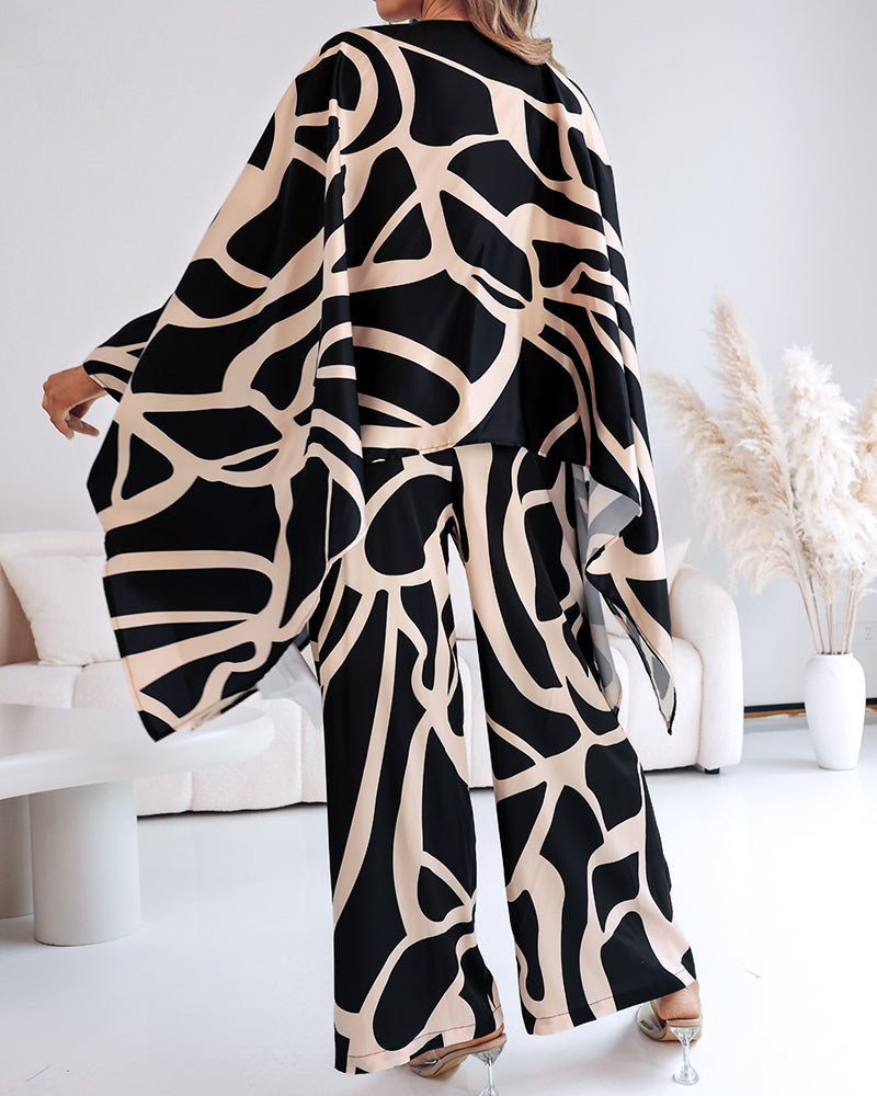 Women's Asymmetric Print Loose Bat Sleeves Pullover Top Wide-Leg Pants Set 6