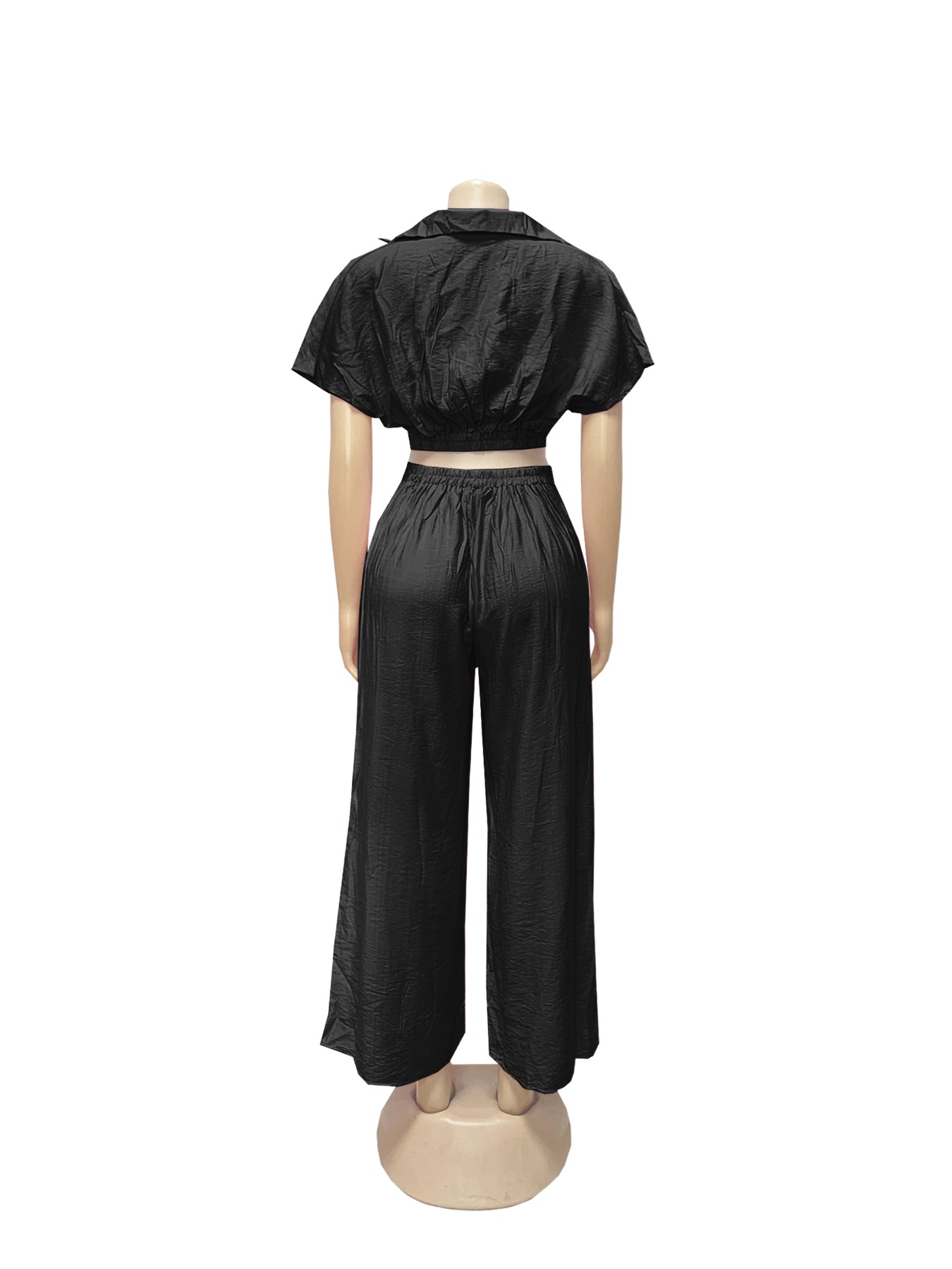 Women Casual Holidays Summer Turndown Collar Short Top & High-Waist Wide-Leg Pants Set 31