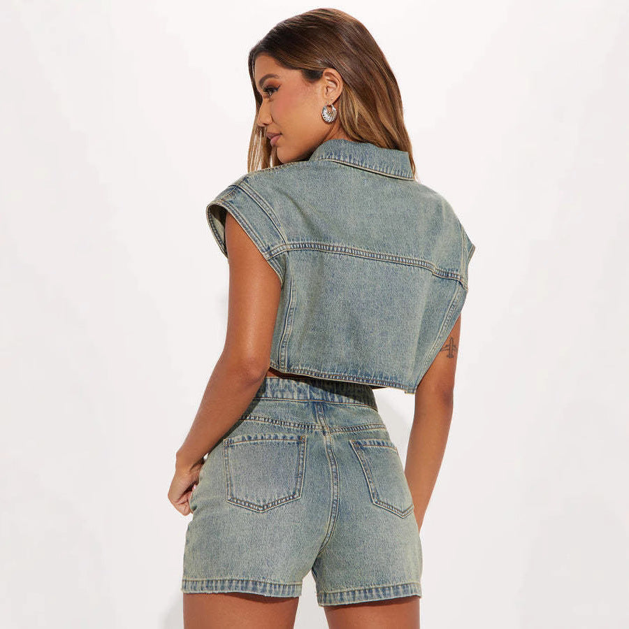 Women Casual Stretchy Denim Top and Shorts Two-Piece Set 5