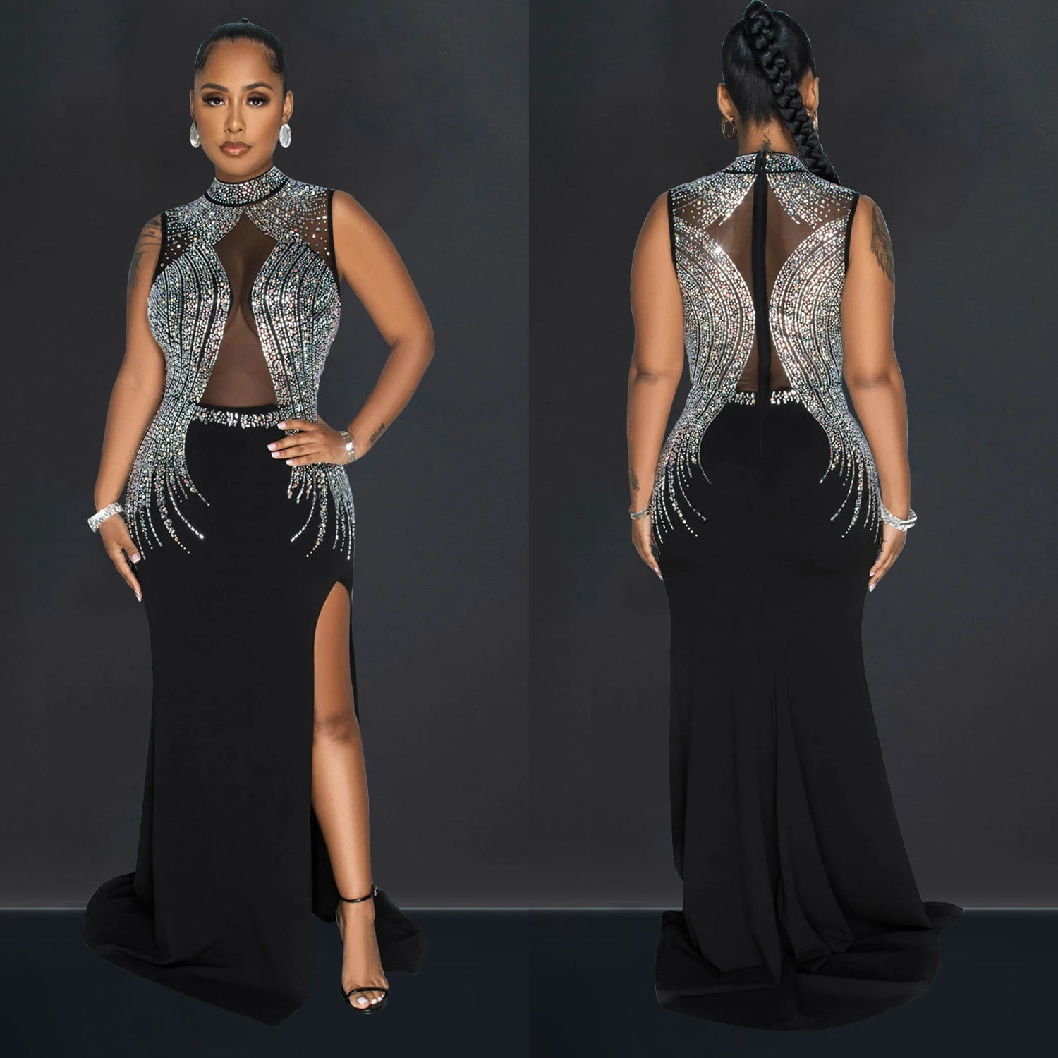 Women Solid Mesh Beaded Slit Maxi Dress