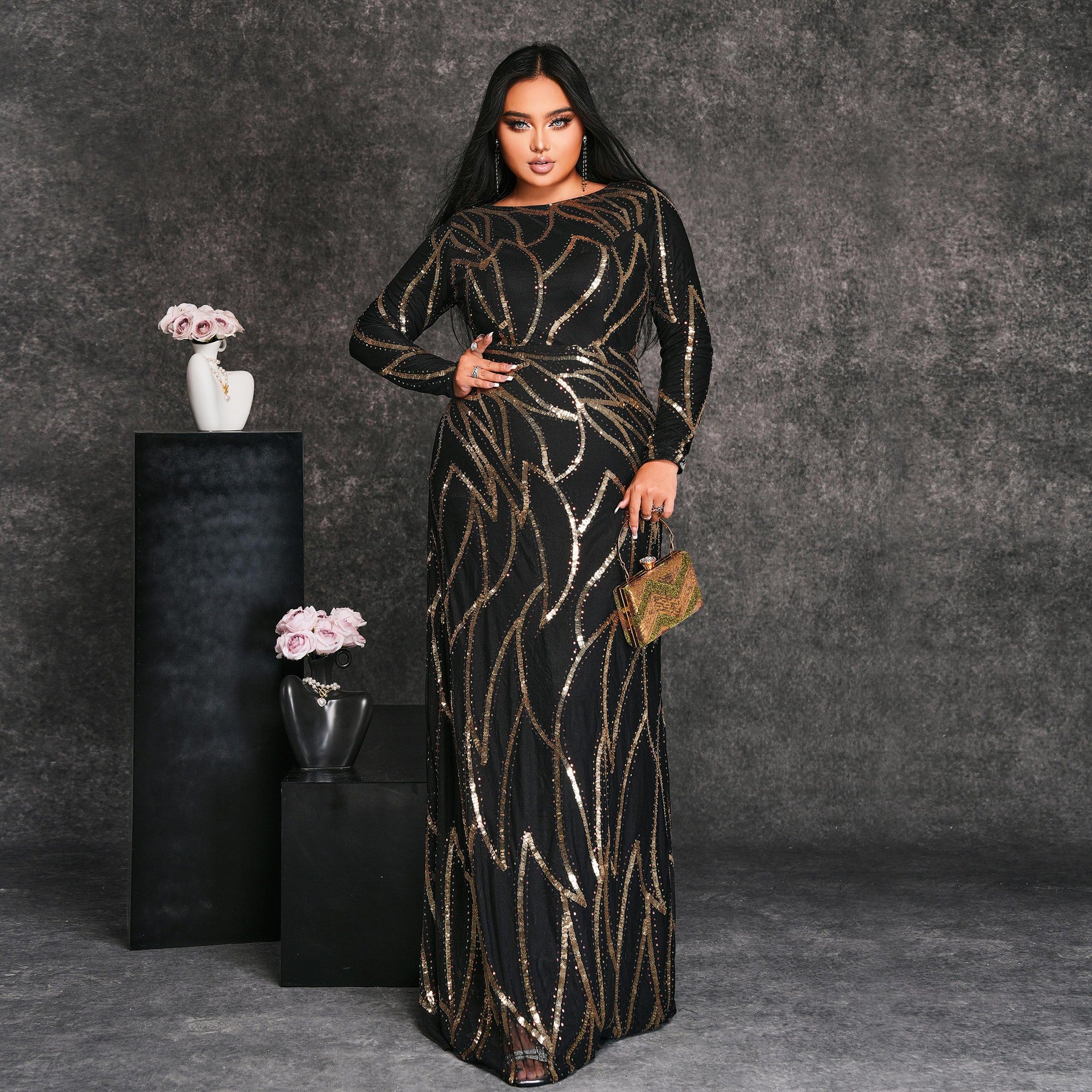 Plus Size Women's Long Sleeve Round Neck Formal Party Sexy Sequin Evening Dress 6