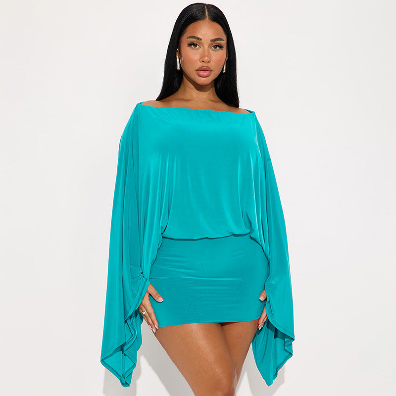 Women Off-Shoulder Bell Bottom Long-Sleeved Top and Skirt Two-Piece Set 7
