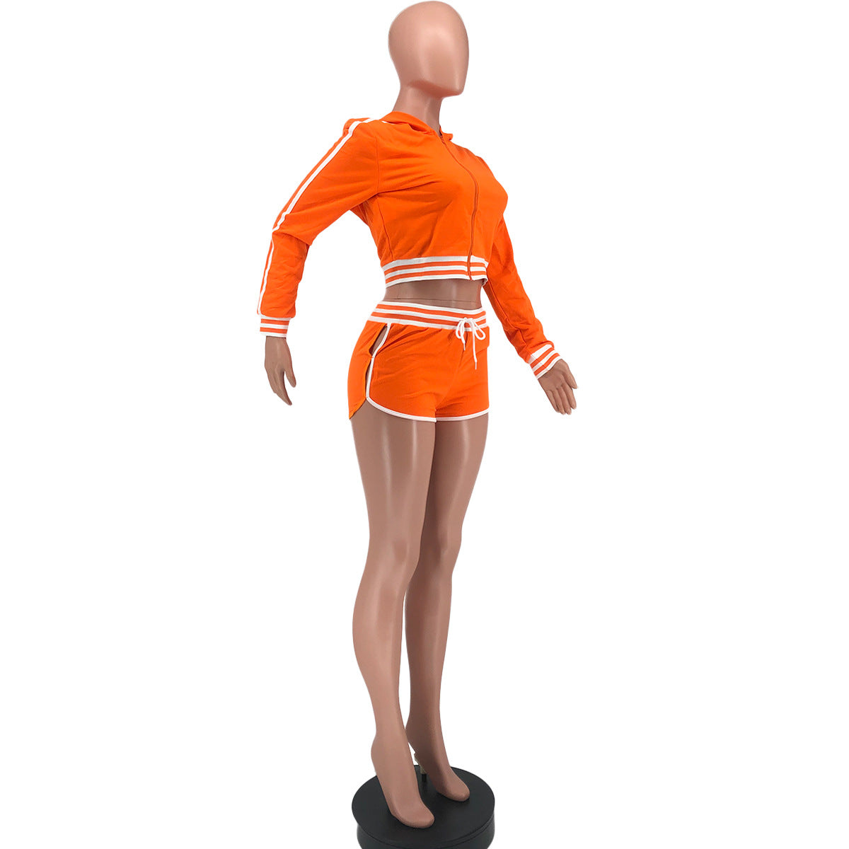 Women's Fashion Striped Patchwork Hooded Long Top Sexy Shorts Sports Two Piece Set 16