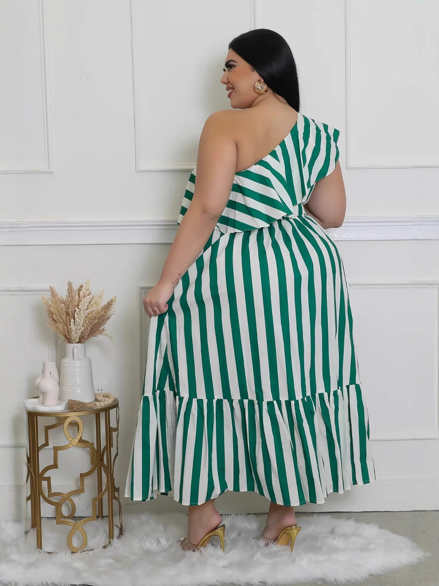 Women Striped Slash Shoulder Dress 4