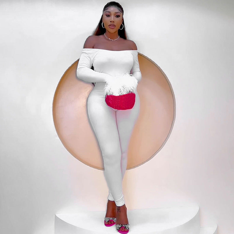 Women's Autumn Winter Solid Color Off-Shoulder Furry Long Sleeve Slit Leg Sim Tight Jumpsuit 11