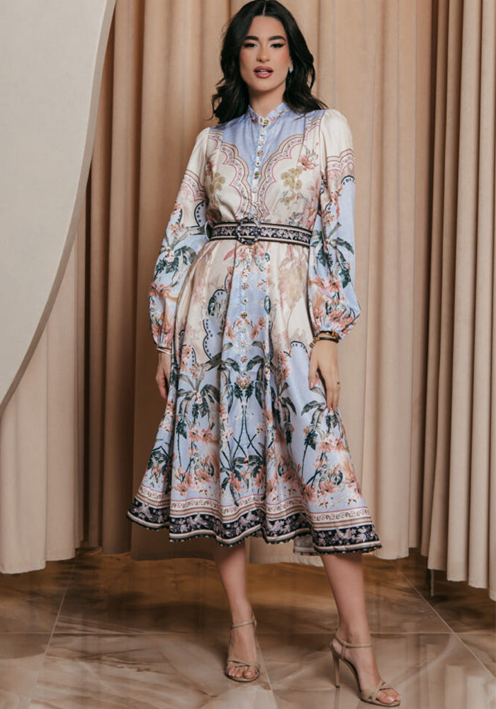 Elegant Print Row Jewelry Button Floral Lantern Sleeve Midi Dress with Belt