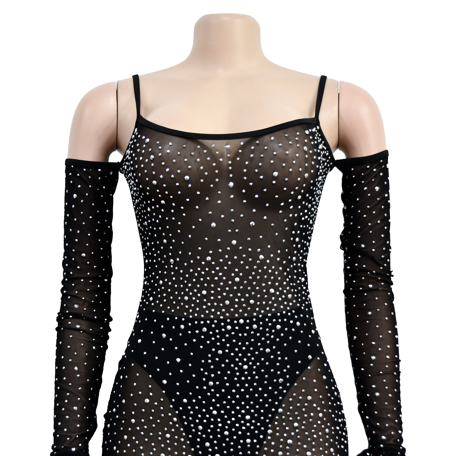 Women's Fashion Solid Color Mesh Beaded See-Through Slip Dress 19