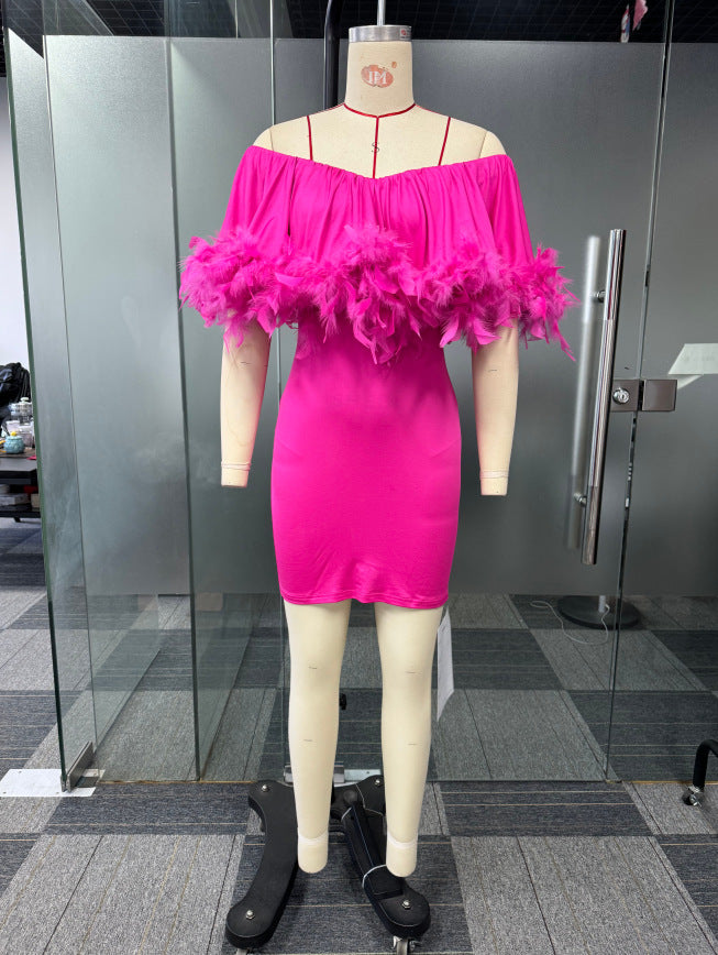 Sexy Off Shoulder Feather Elastic Bodycon Slim Dress 7
