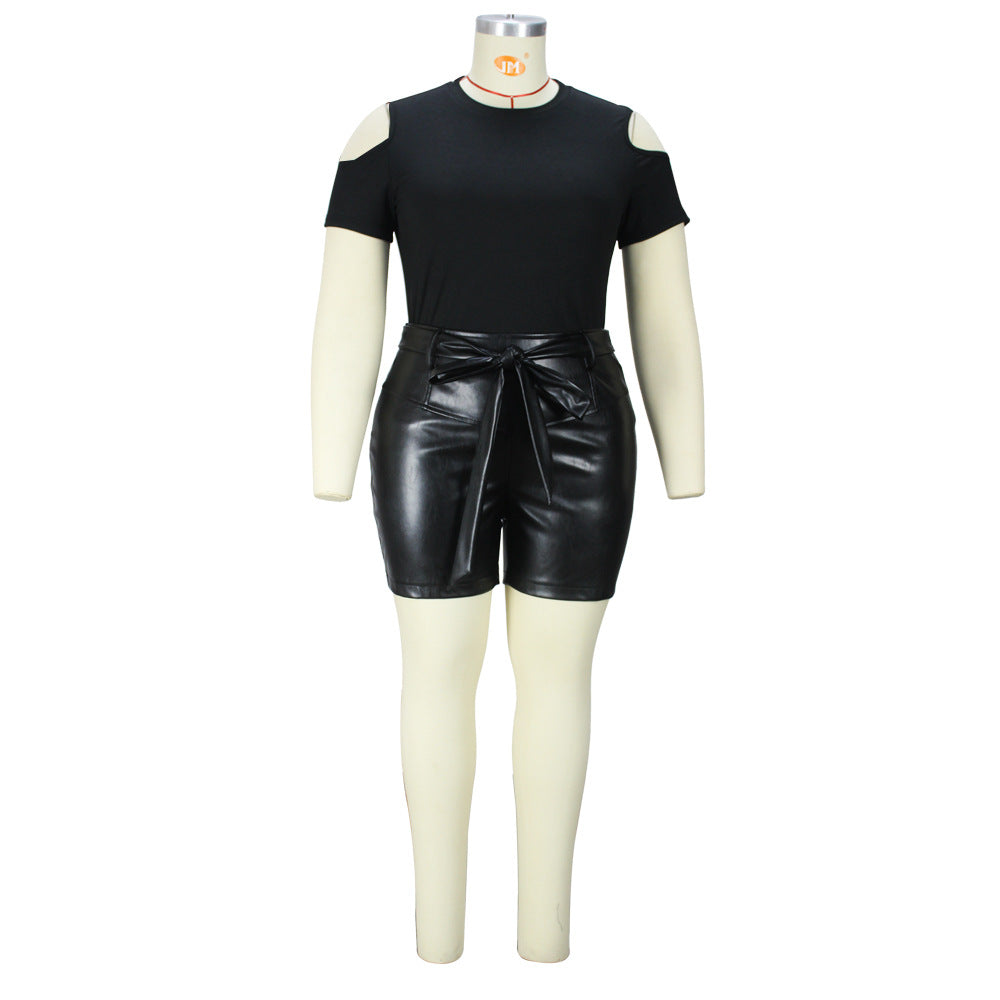 Plus Size Women pu Leather Shorts 13