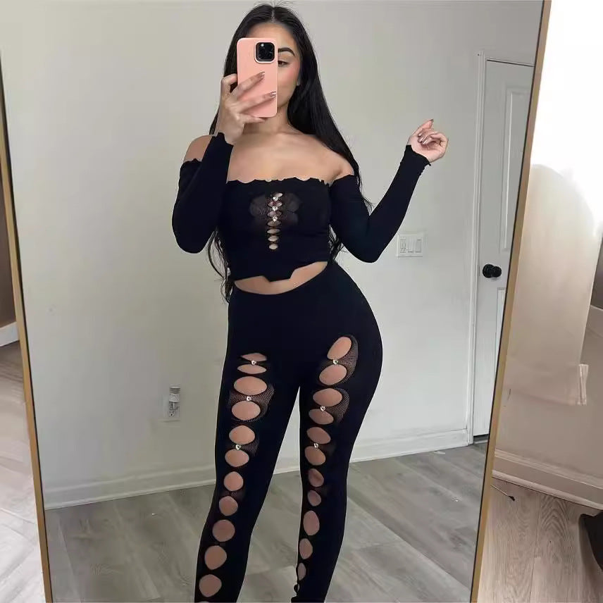 Spring Solid Off Shoulder Long Sleeve Crop Top Ripped Tight Fitting Pant Sexy Two Piece Set 7