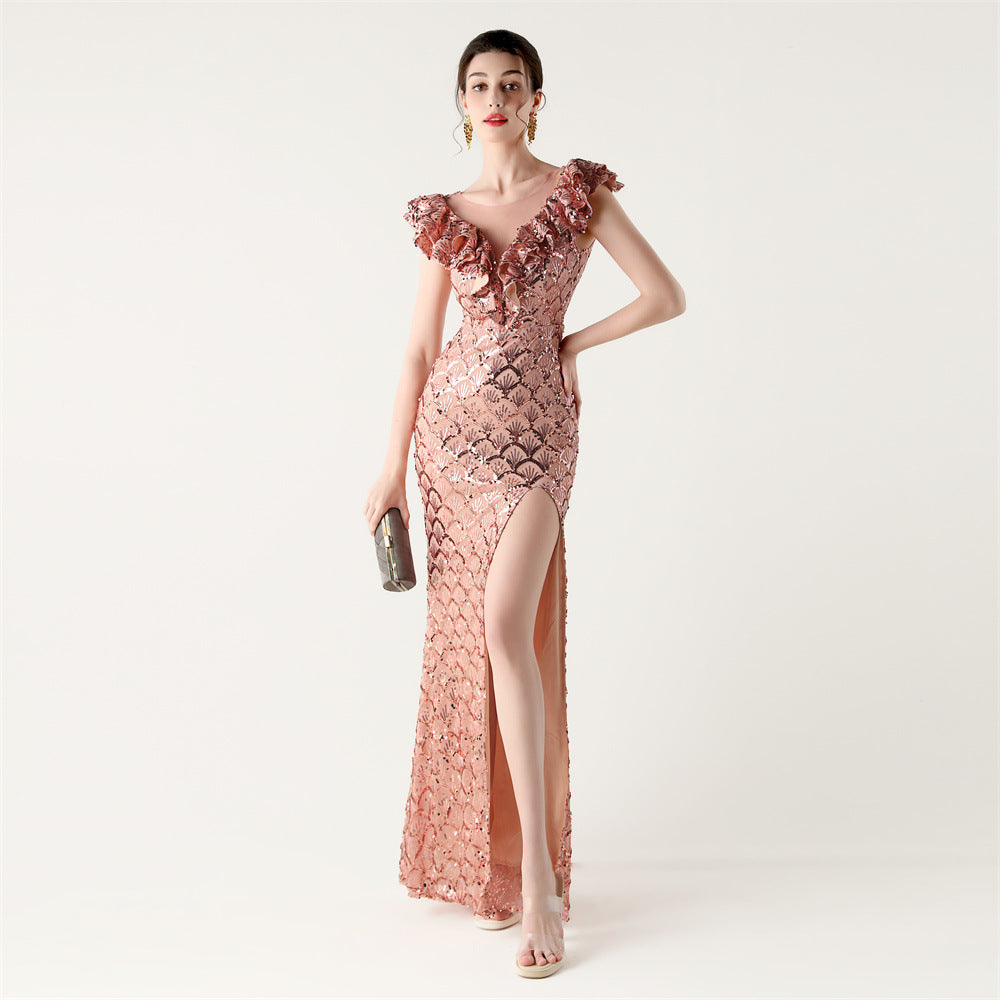 Sequined Ruffled Shoulder Sleeve Fishtail Slim Evening Dress for Formal Parties 13