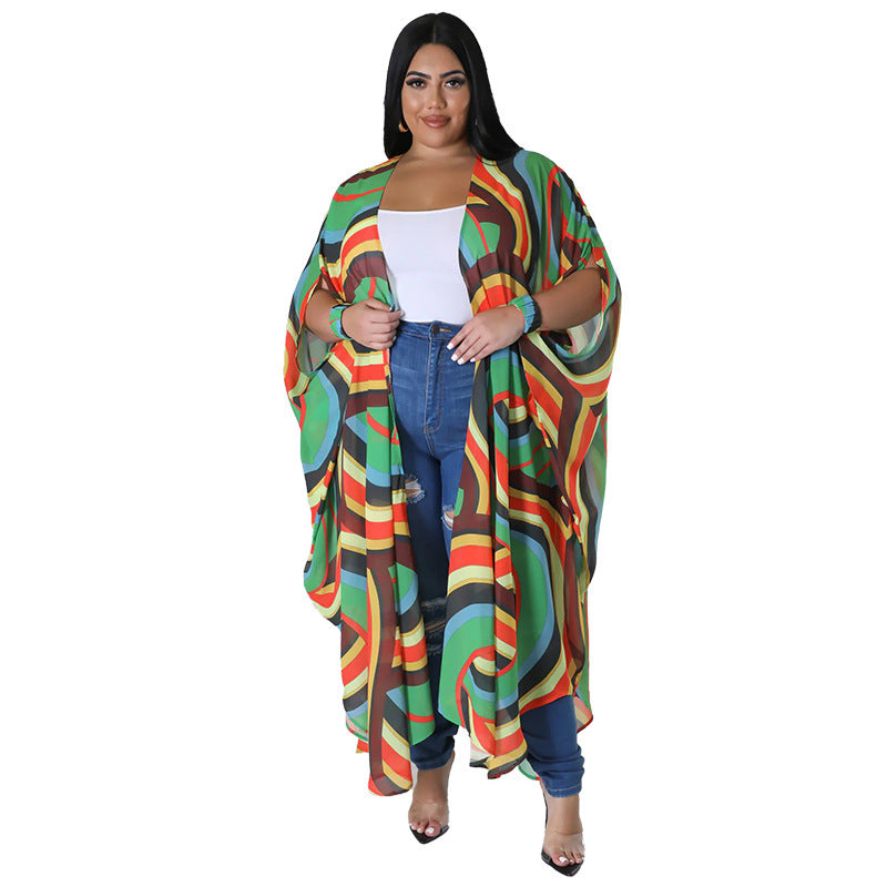 Plus Size Women's Fashion Printed Chiffon Cape Shirt 4