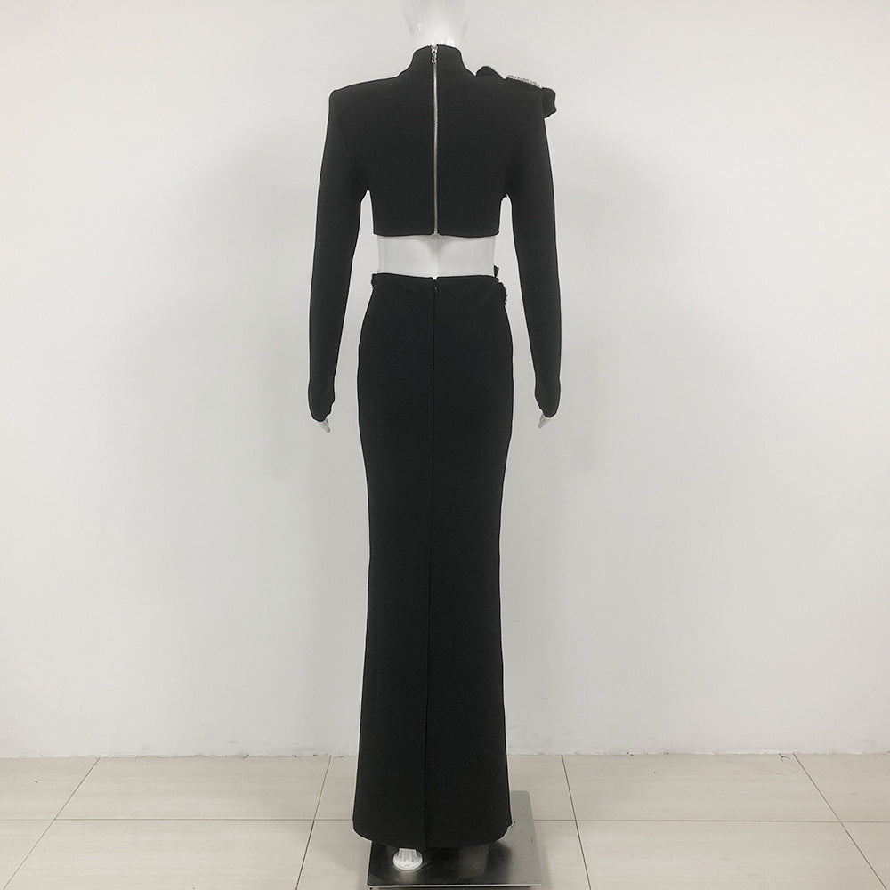 Women Sexy Elegant Beaded Long Sleeve Top and Long SkirtTwo Piece Set 6