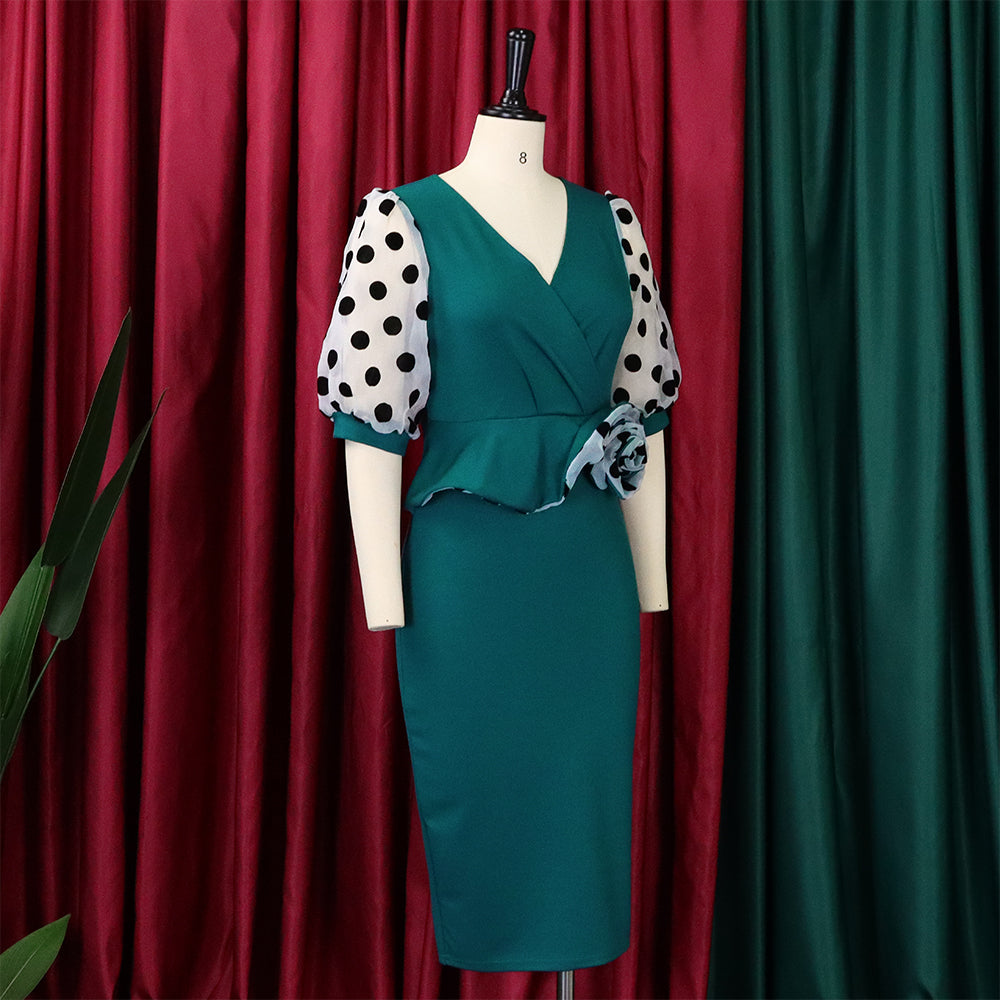 Plus Size Women'S Fashion Dot Mesh Patchwork V Neck Chic Career Bodycon Dress 11