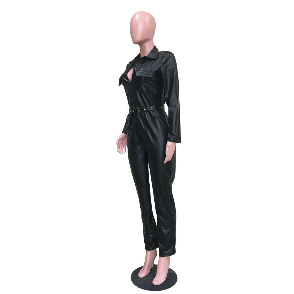Women's PU Leather Pocket Turn-Down Collar Jumpsuit 8