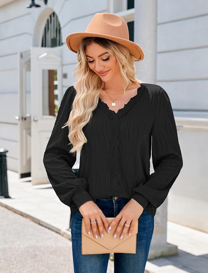 Women long-sleeved lace v-neck Casual shirt