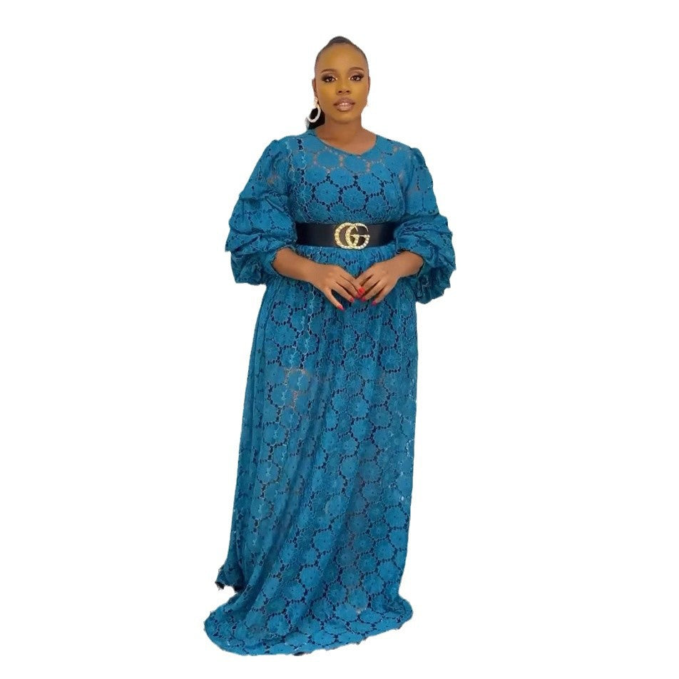 Plus Size Women African Round Neck Lace Dress 11