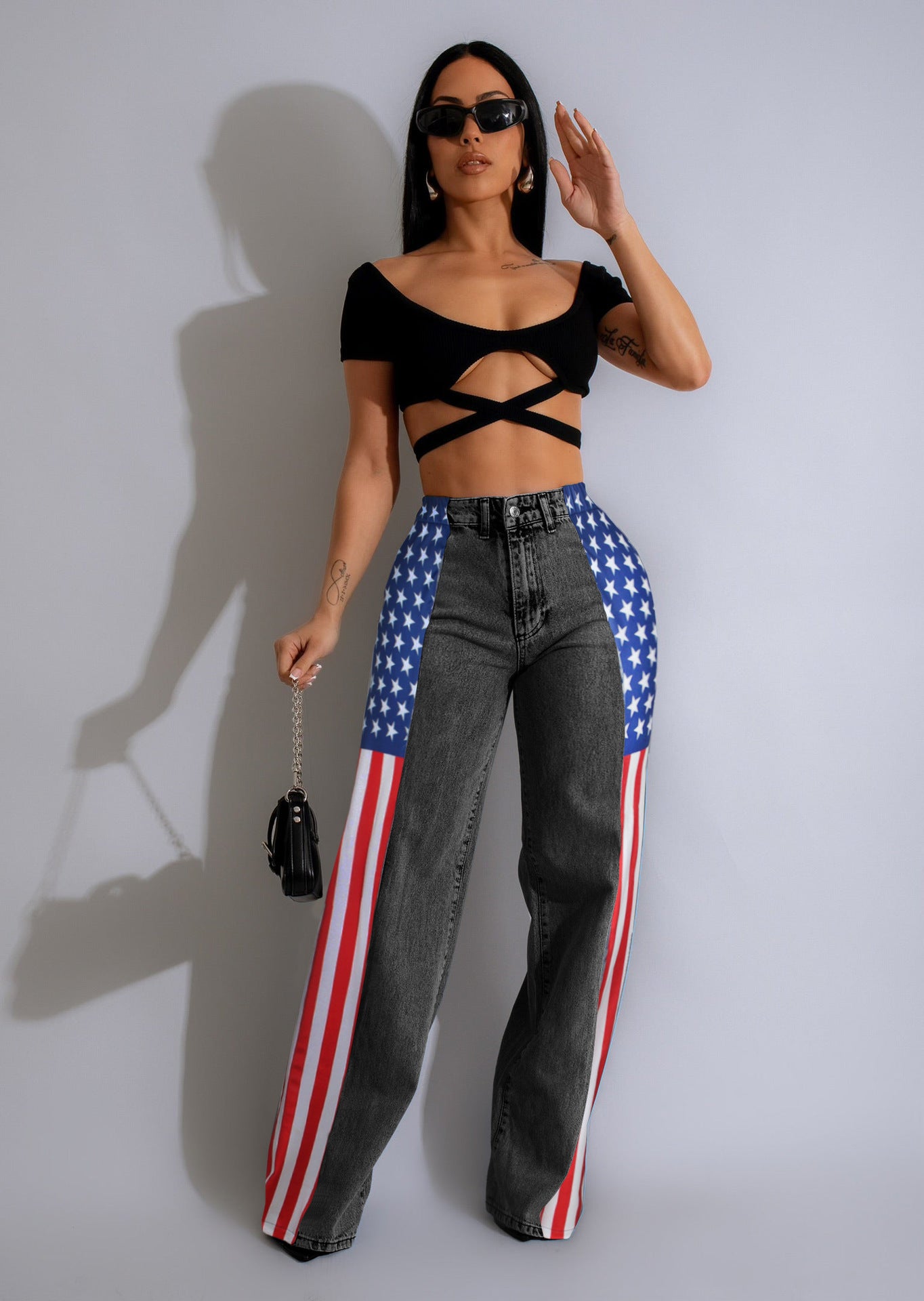 Women American Flag Printed Elastic Wide Leg Denim Pants 7