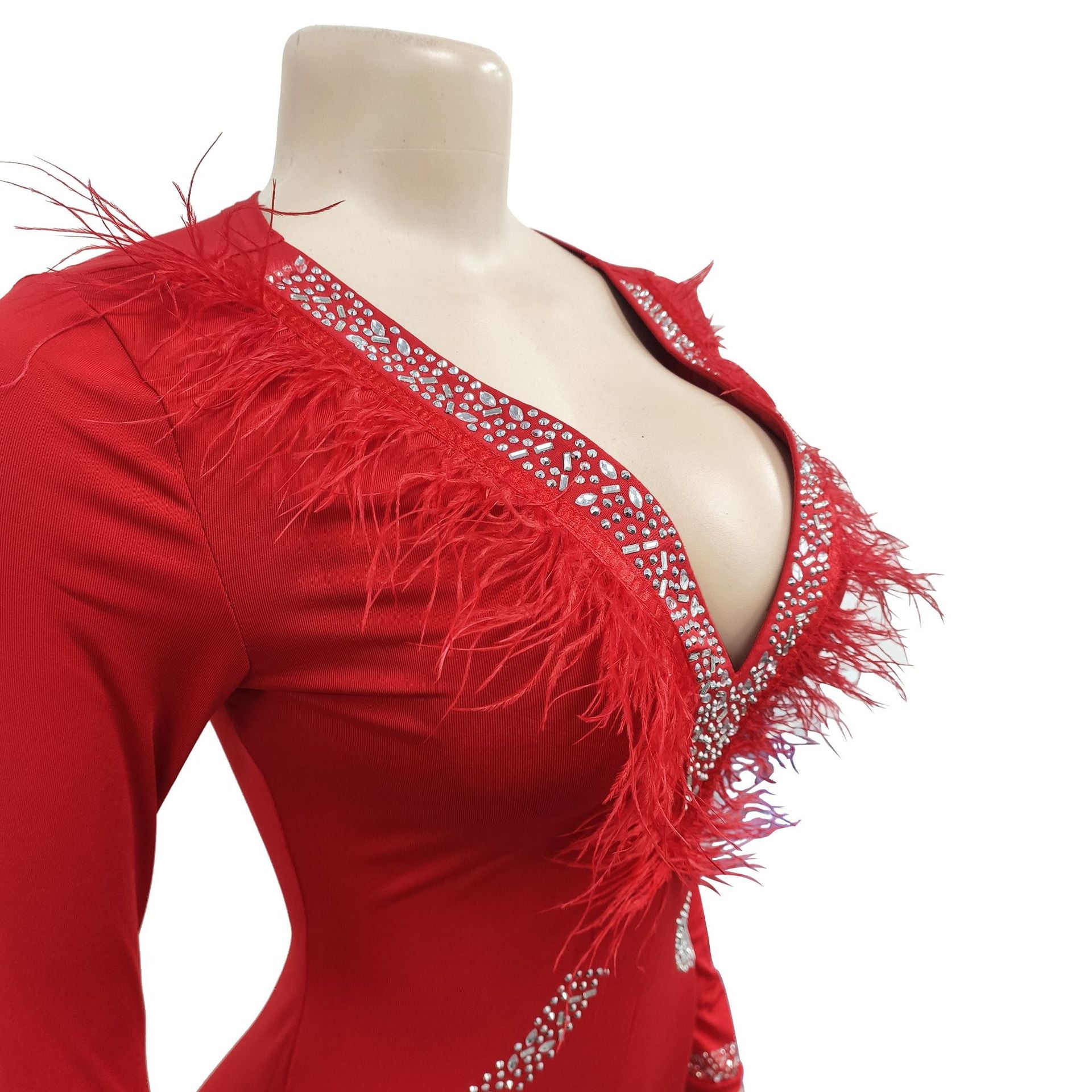 Women'S Fashion Feather Patchwork Beaded V-Neck Long Sleeve One Peice Trousers Sexy Ladies Jumpsuit 18