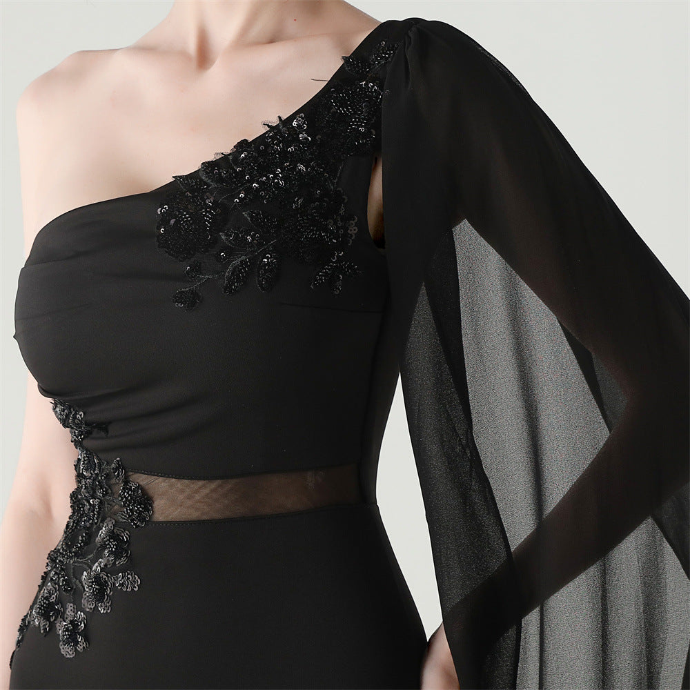 Women Tulle Shawl Beaded Tube Embroidery One Shoulder Evening Dress 36