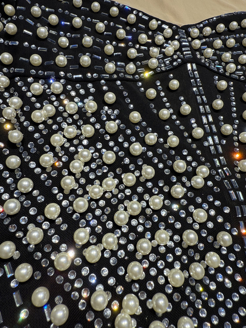 Women See-Through Sexy Beaded Pearl Contrast Long Sleeve Dress 16