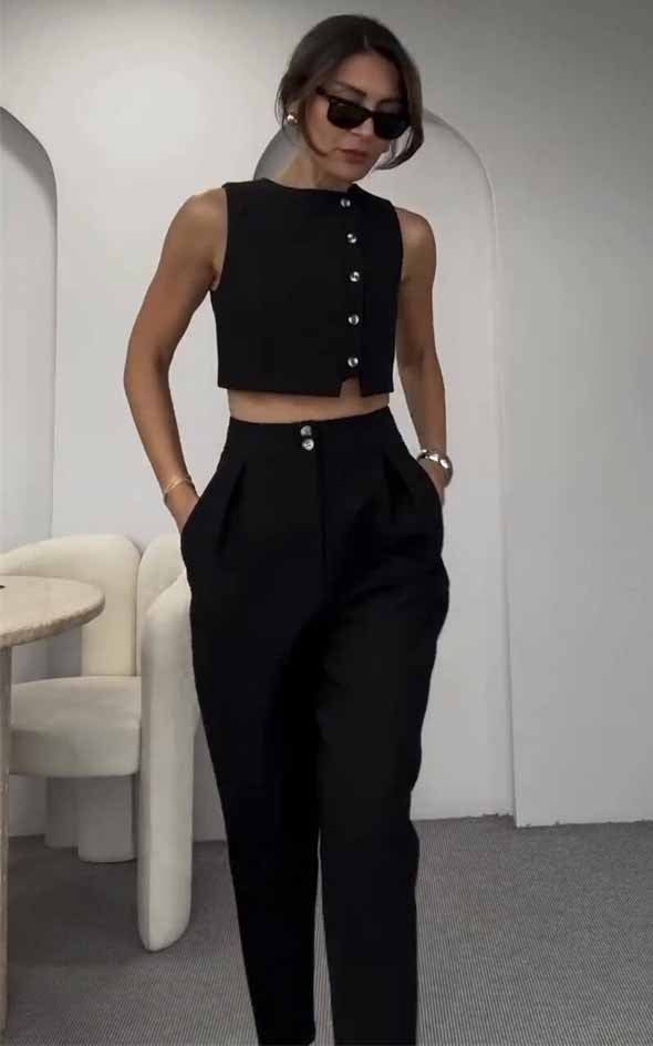 Women's Spring And Summer Fashionable Sleeveless Cropped Vest High Waist Pants Women's Two-Piece Set 3