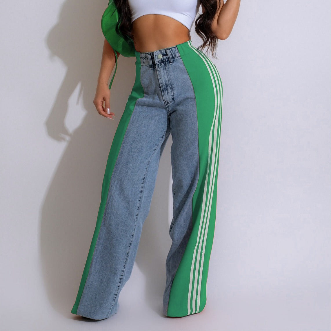 Summer Fashion Patchwork Three Stripes Wide Leg Denim Pants Women's Casual High Waist Stretch Straight Jeans 19