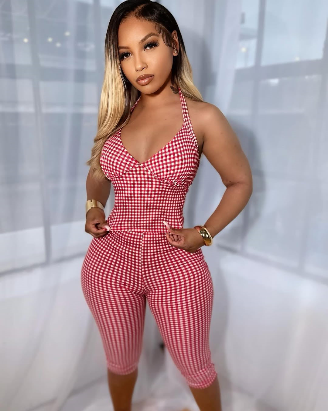 Fashion Plaid Print Sexy Stretch Short Halter Top Slim Tight Pants Set 3