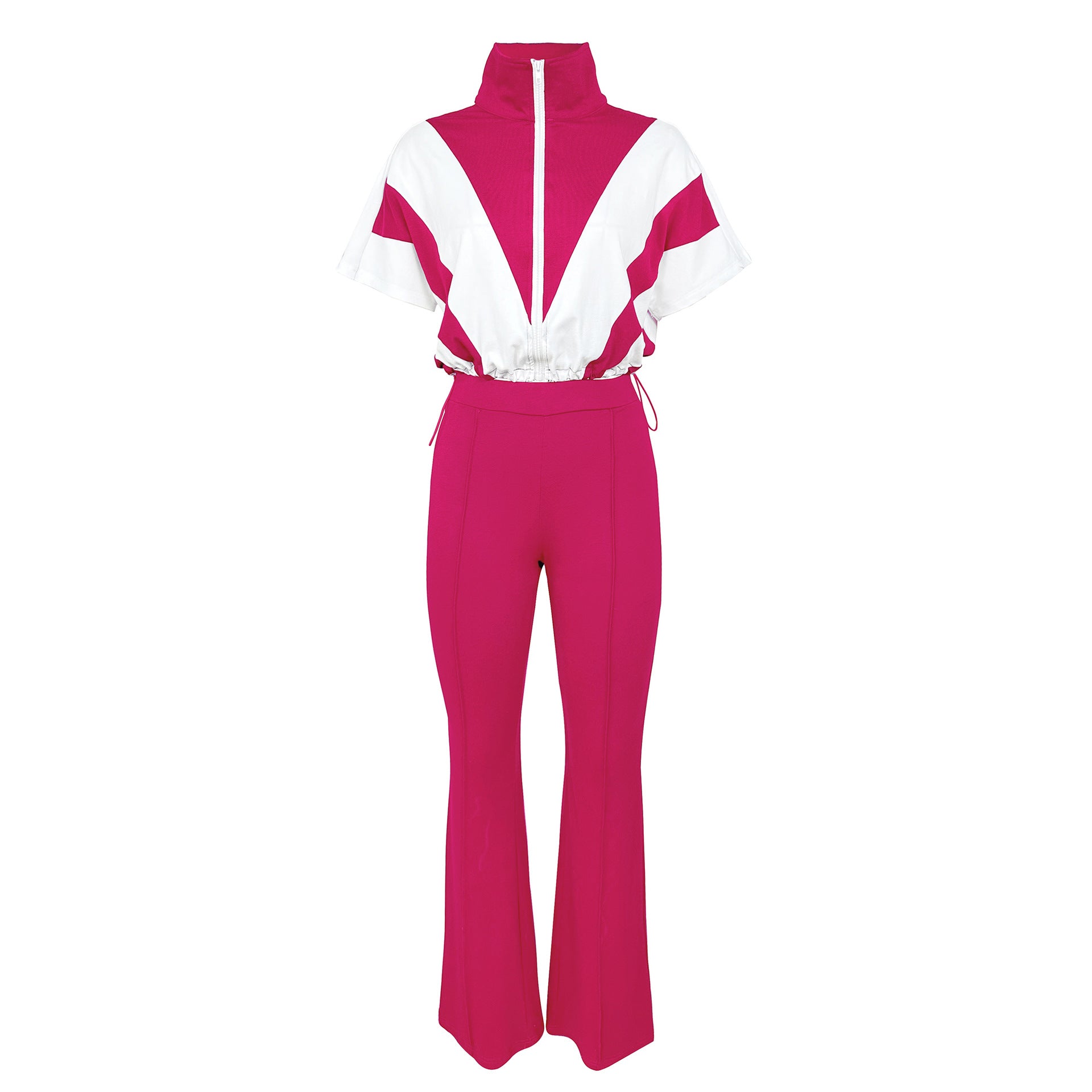 Casual Elastic Slim Waist Color Block Patchwork Sports Two Piece Pants Set for Women 14