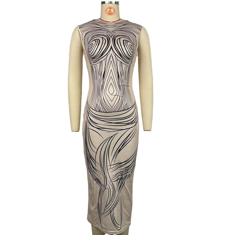 Fashion Women's Low Back Lace Up Tight Fitting Sexy Printed Bodycon Nightclub Dress 6