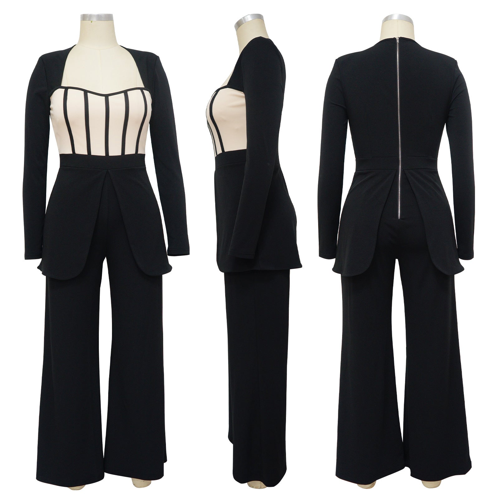Women's Sexy Slim Waist Contrast Patchwork Long Sleeve Wide Leg Jumpsuit 17
