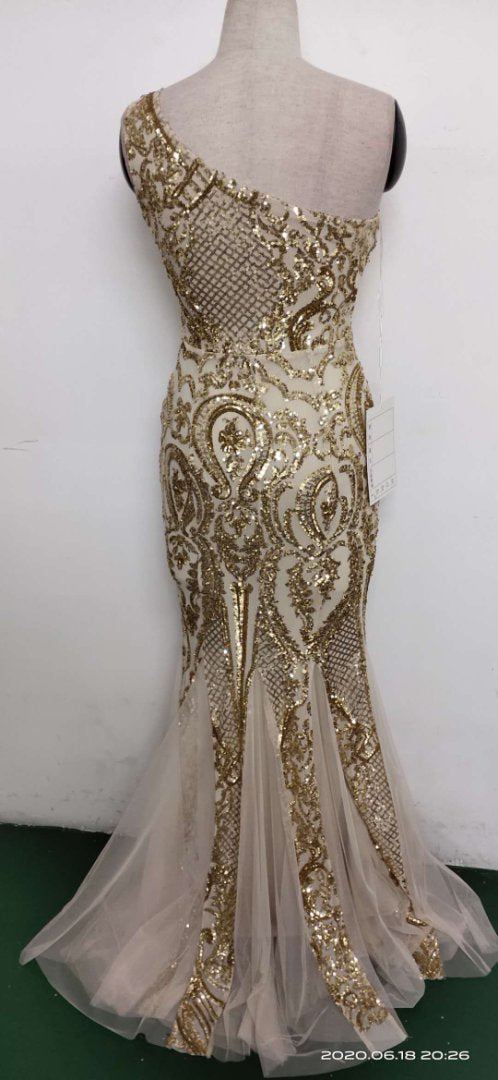 Luxury Sequin Mermail Women Formal Party Evening Dress Sexy Slash Shoulder Long Slim Bridal Gown 31