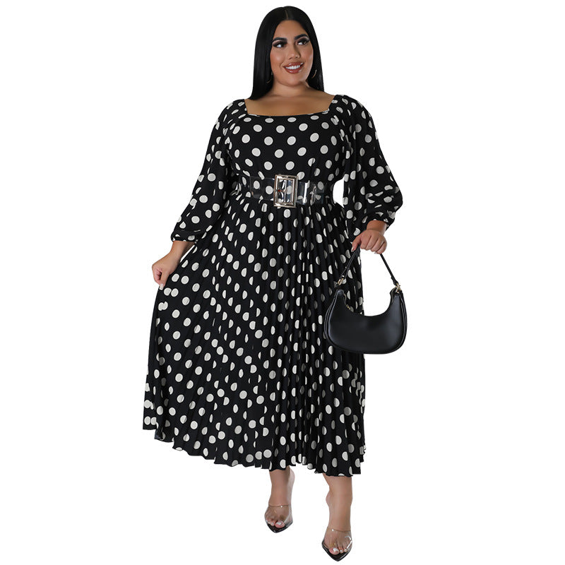 Plus Size Women'S Polka Dot Print Long Sleeve Pleated Dress With Belt