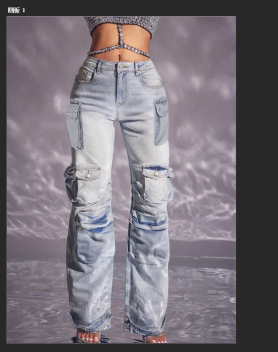 Fashionable Casual Multi-Pocket Patchwork Cargo Denim Pants 5