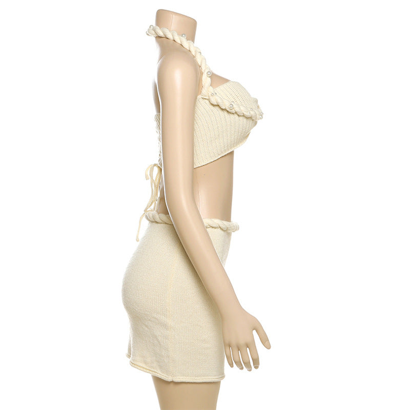 Women Summer Style Casual Solid Knitting Halter Neck Top and Skirt Two Piece Set 10