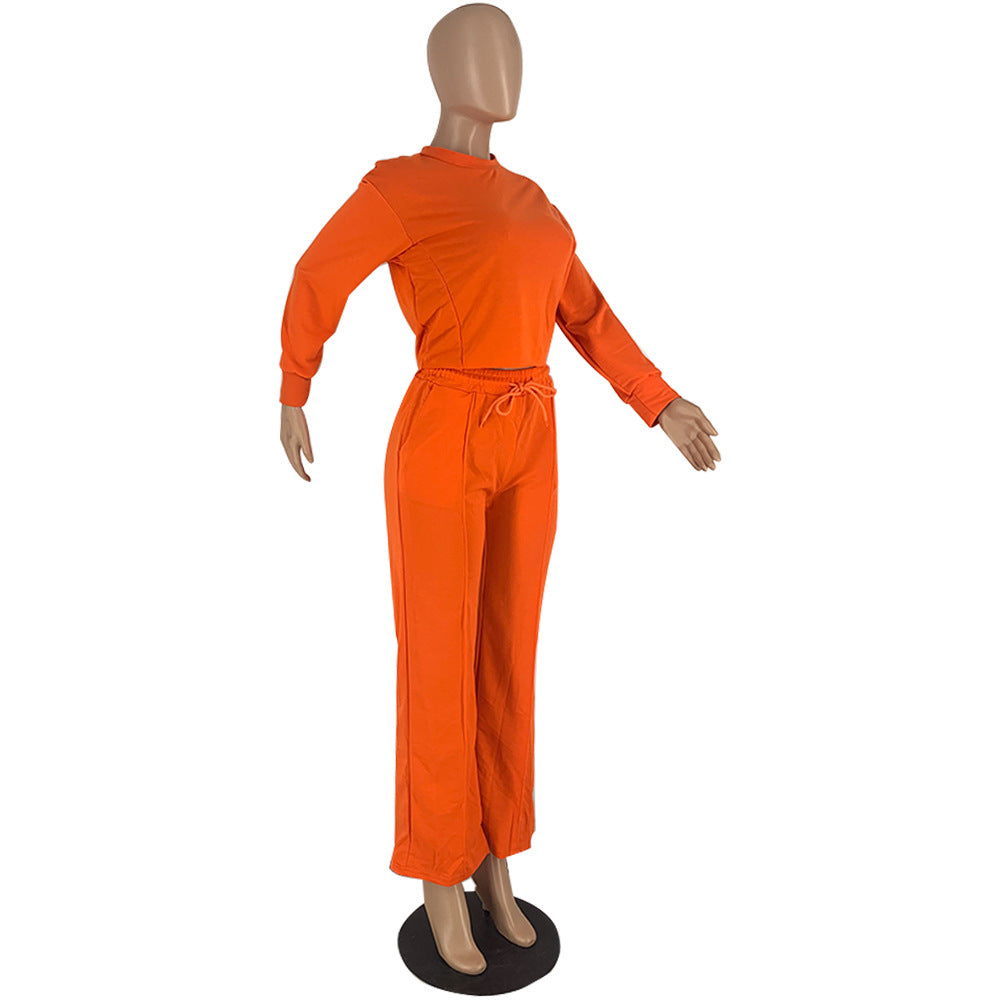 Solid Color Long Sleeve Pocket Straight Pants 2 Piece Set 48