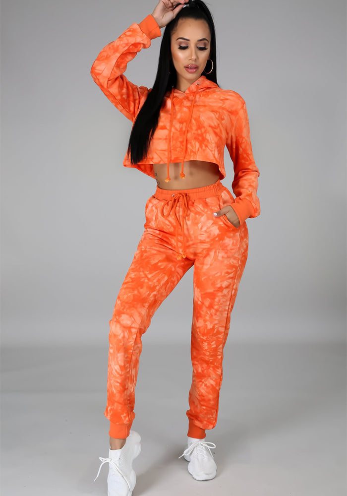Tie Dye Hooded Sports Long Sleeve Loose Hoodies Pants Two Piece Set