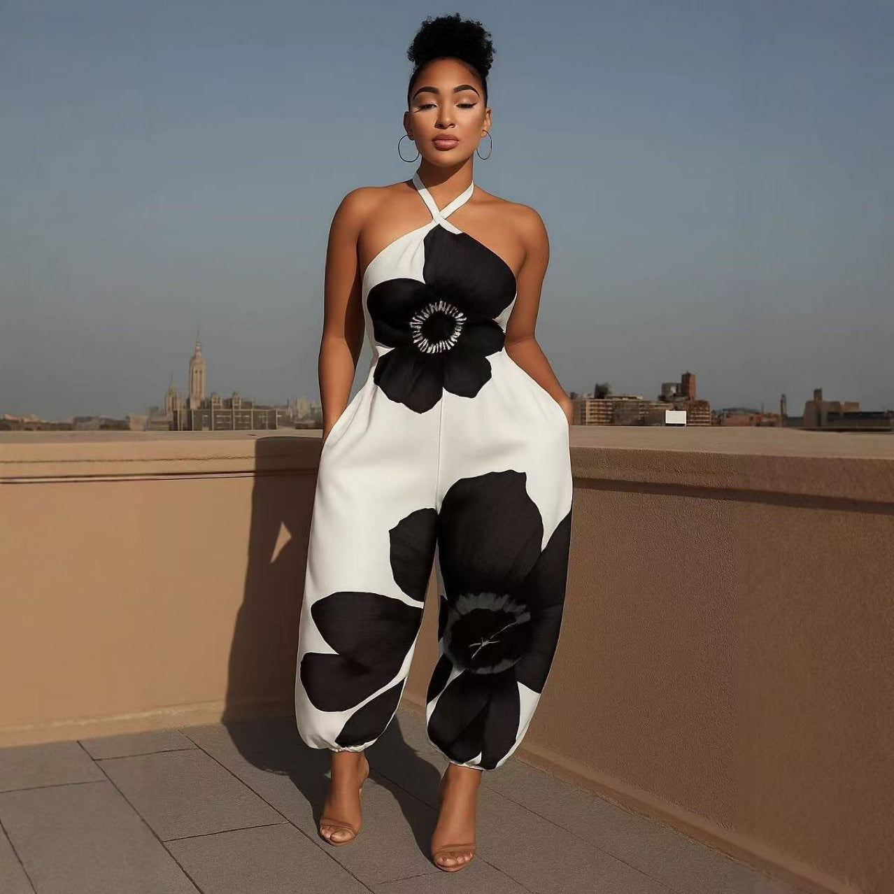 Print Halter Neck Slim Wasit Wide Leg Jumpsuit 6