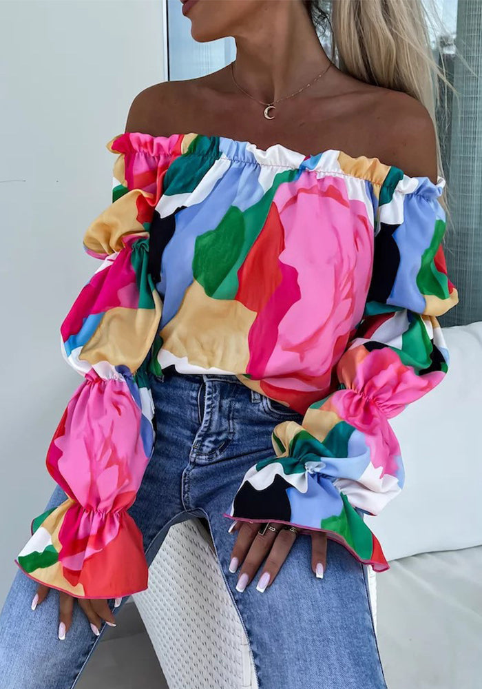 Off Shoulder Long Sleeve Printed Loose Women Casual Top