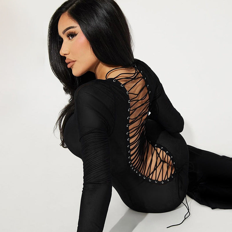 Front And Back Lace-Up Women's Autumn Sexy Long Dress 4