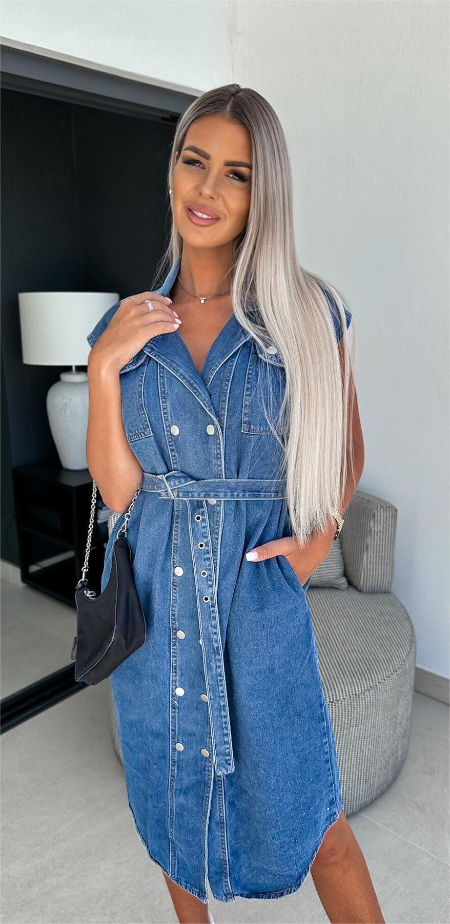 Women's Sleeveless Buttoned Belt Denim Dress 4