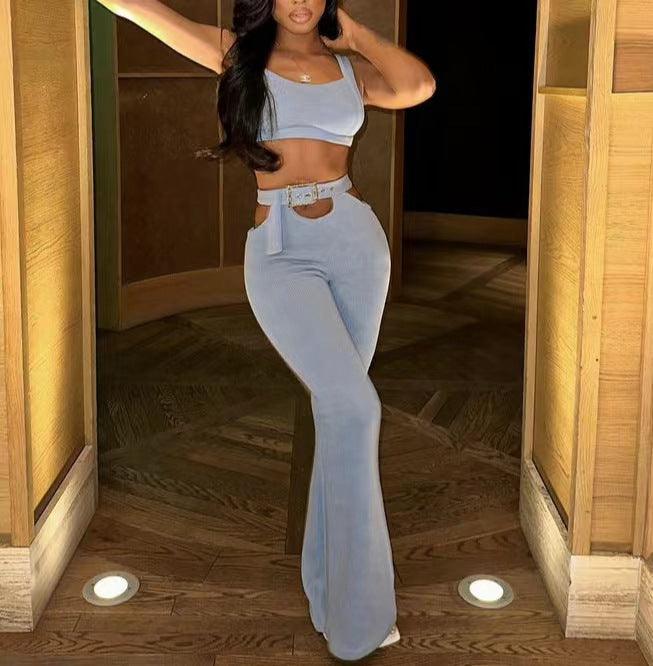 Summer Pants Set Solid Color Chic Career Sleeveless Tank Top Wide Leg Pants Fashion Casual Two-Piece