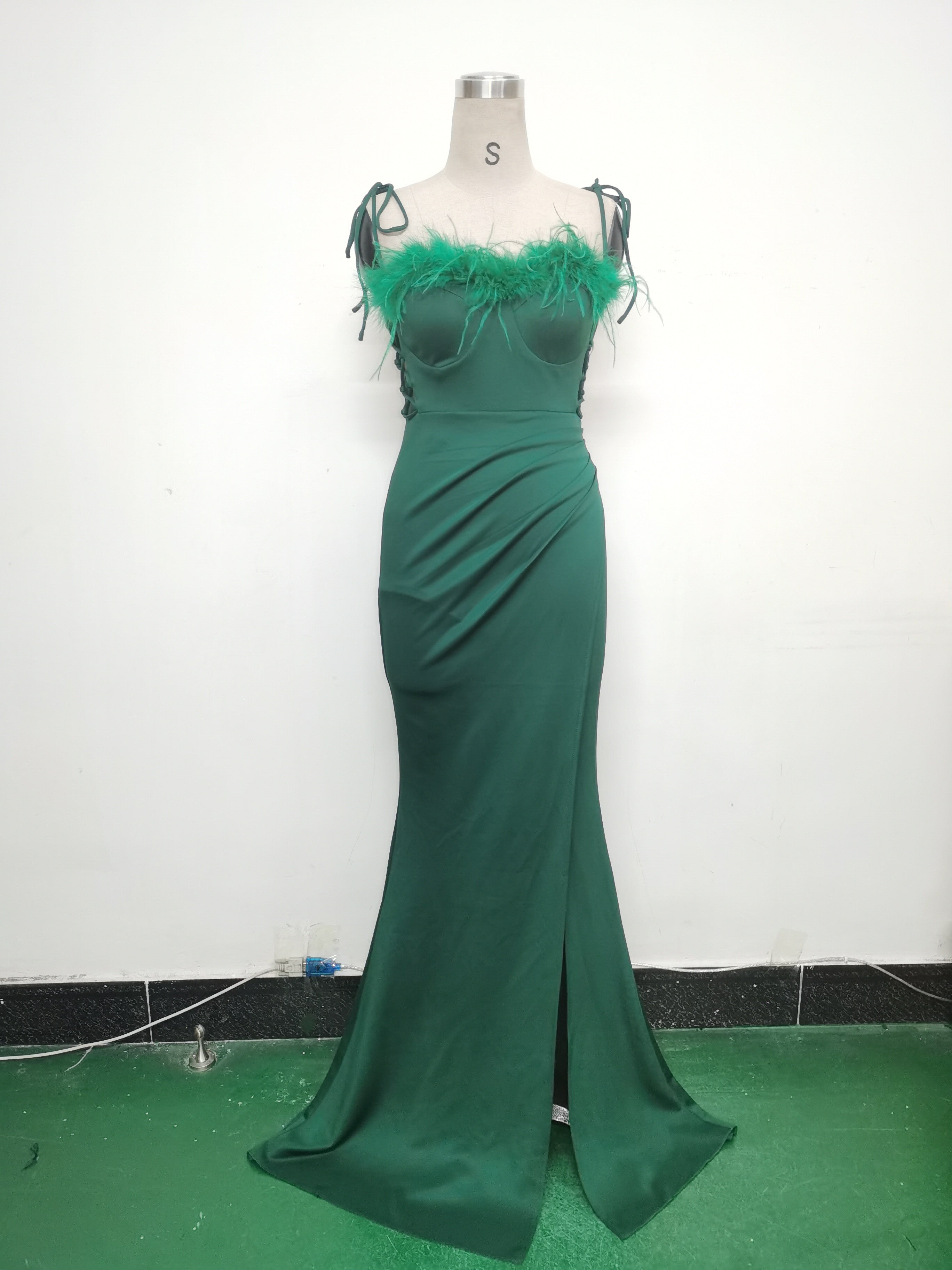 Feather Strap Slim Waist Solid Color Slit Evening Dress 24