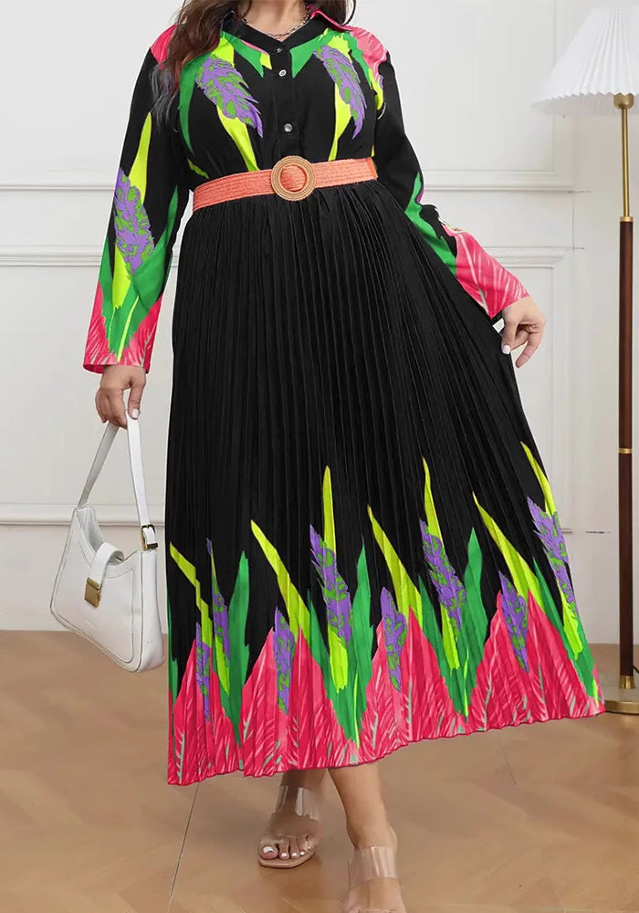 Plus Size Women Printed Pleated Long Sleeve Elegant Dress with Belt
