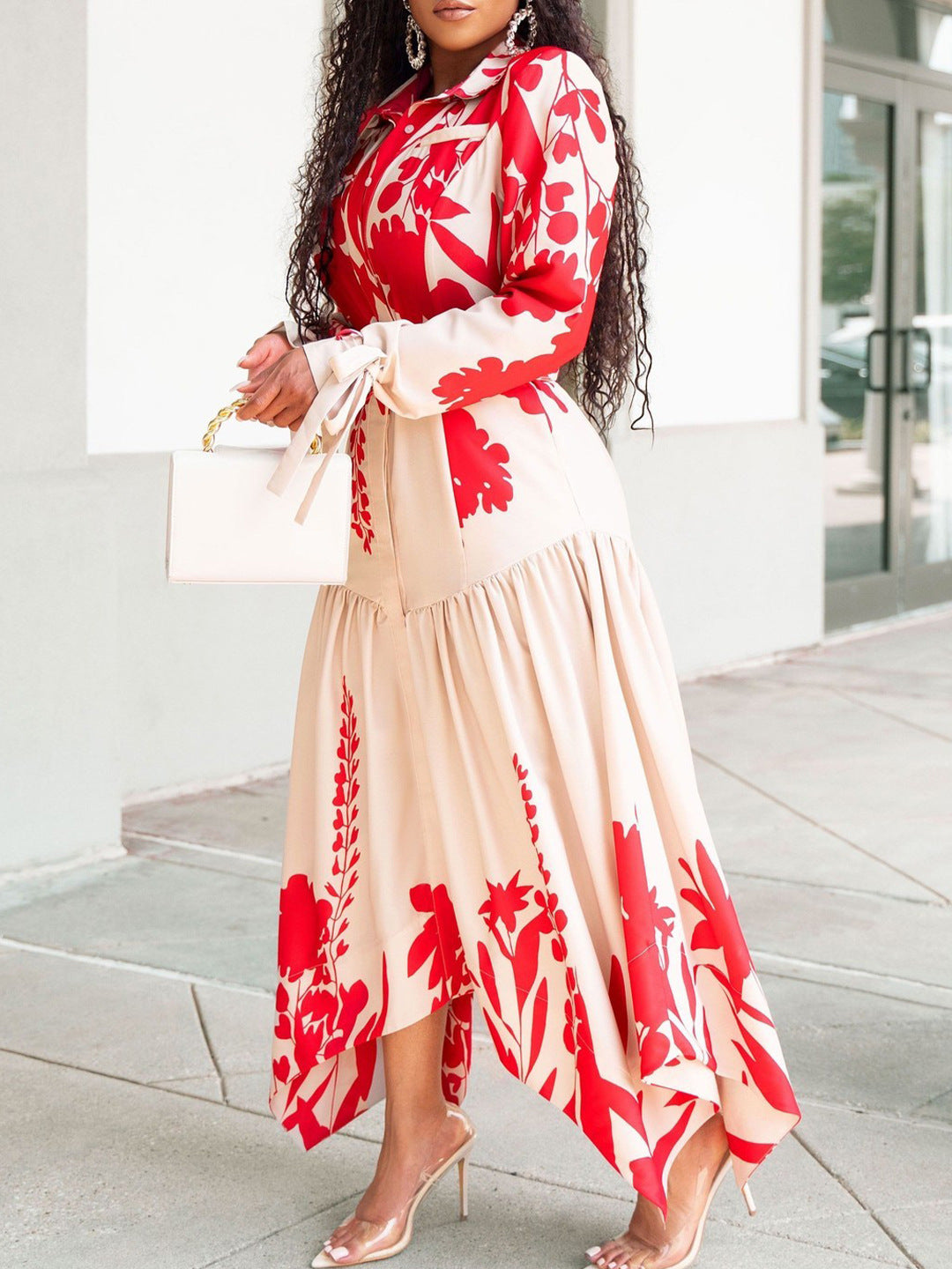 Plus Size African Women Summer Long Sleeve Print Turndown Collar Irregular Loose Dress 6